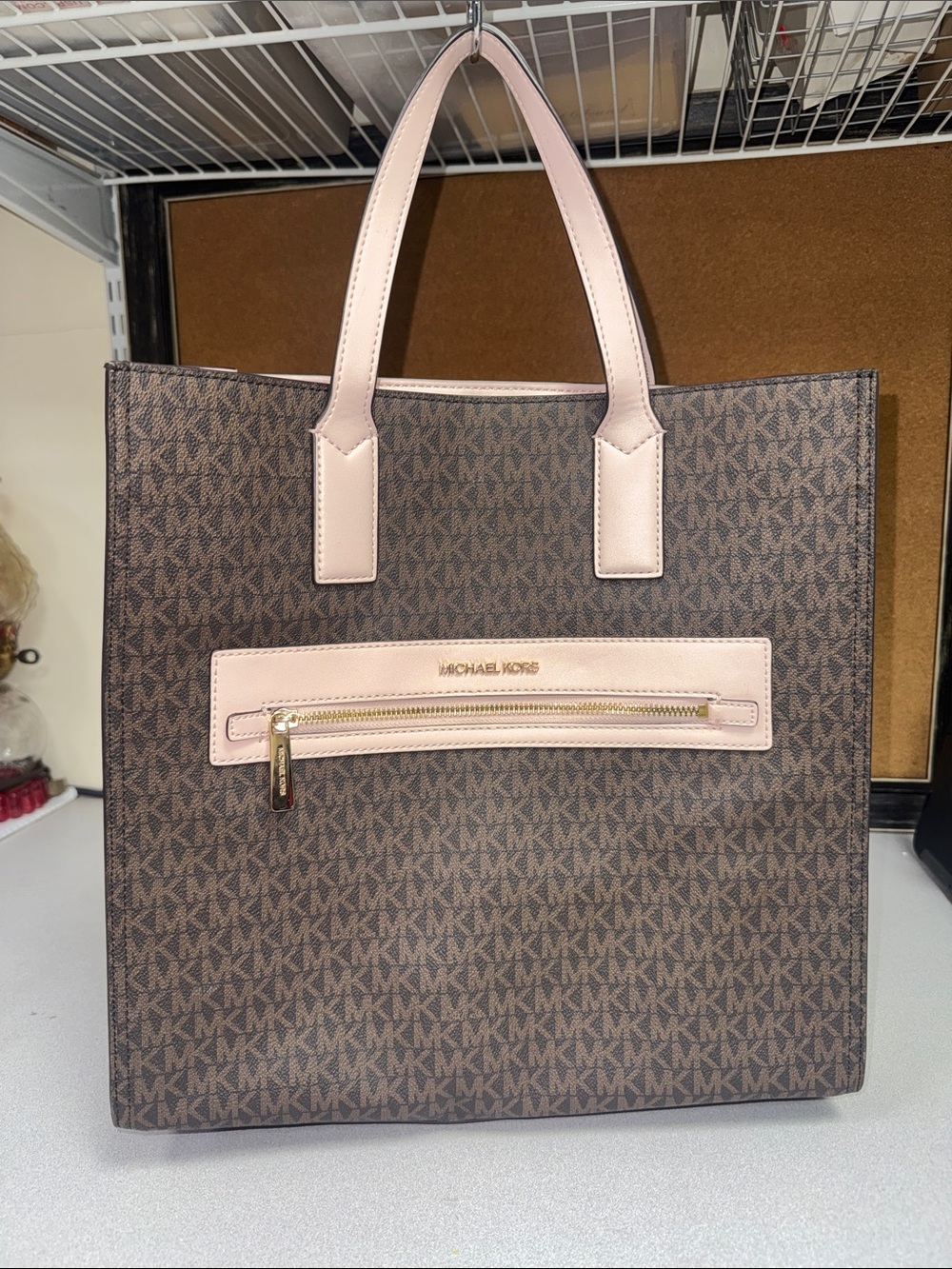 Michael Kors Brown MK Monogram Tote with Light Pink Trim